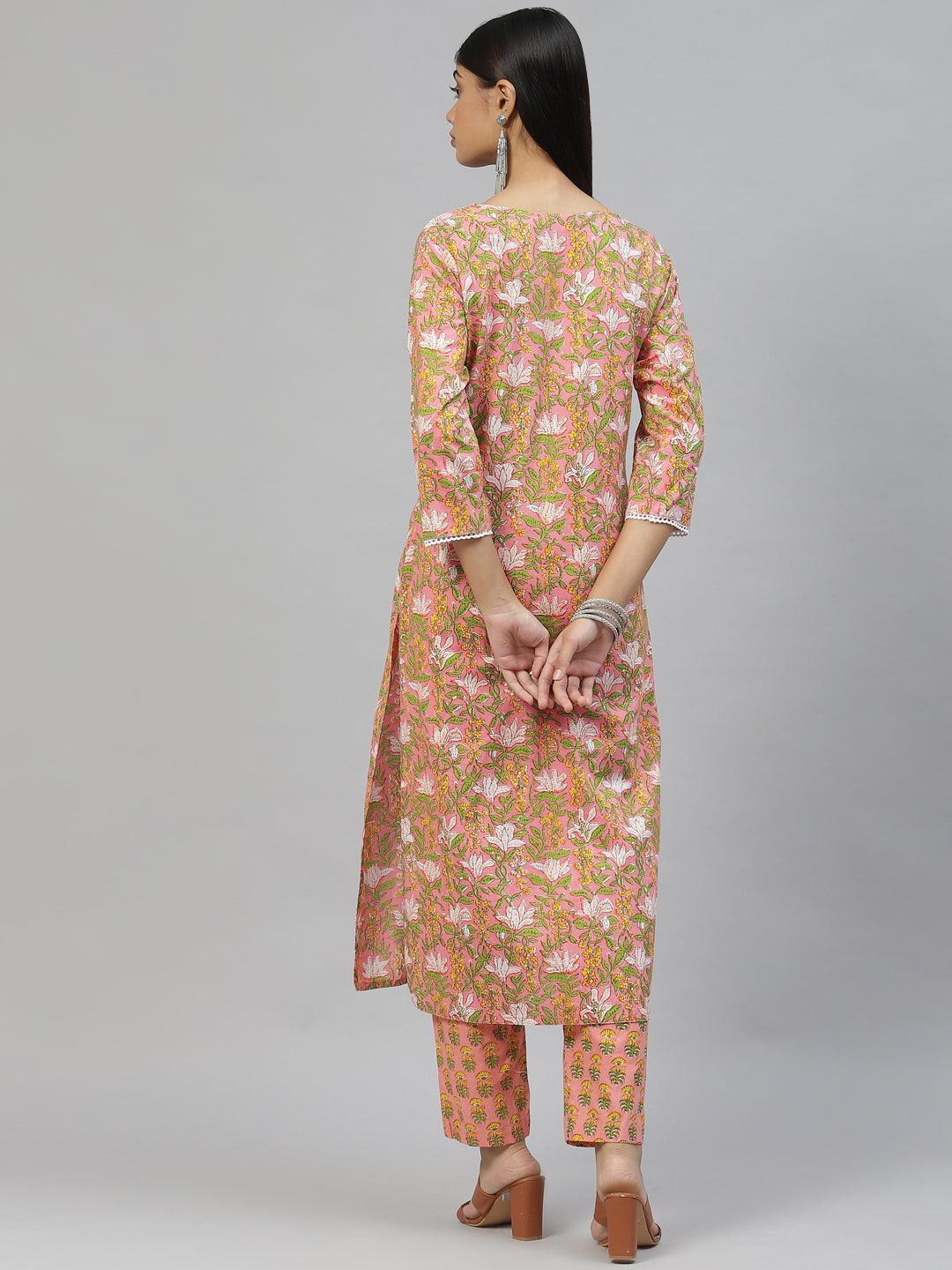 Divena Pink Floral Cotton Kurta Pant Set - divena world-Mohi