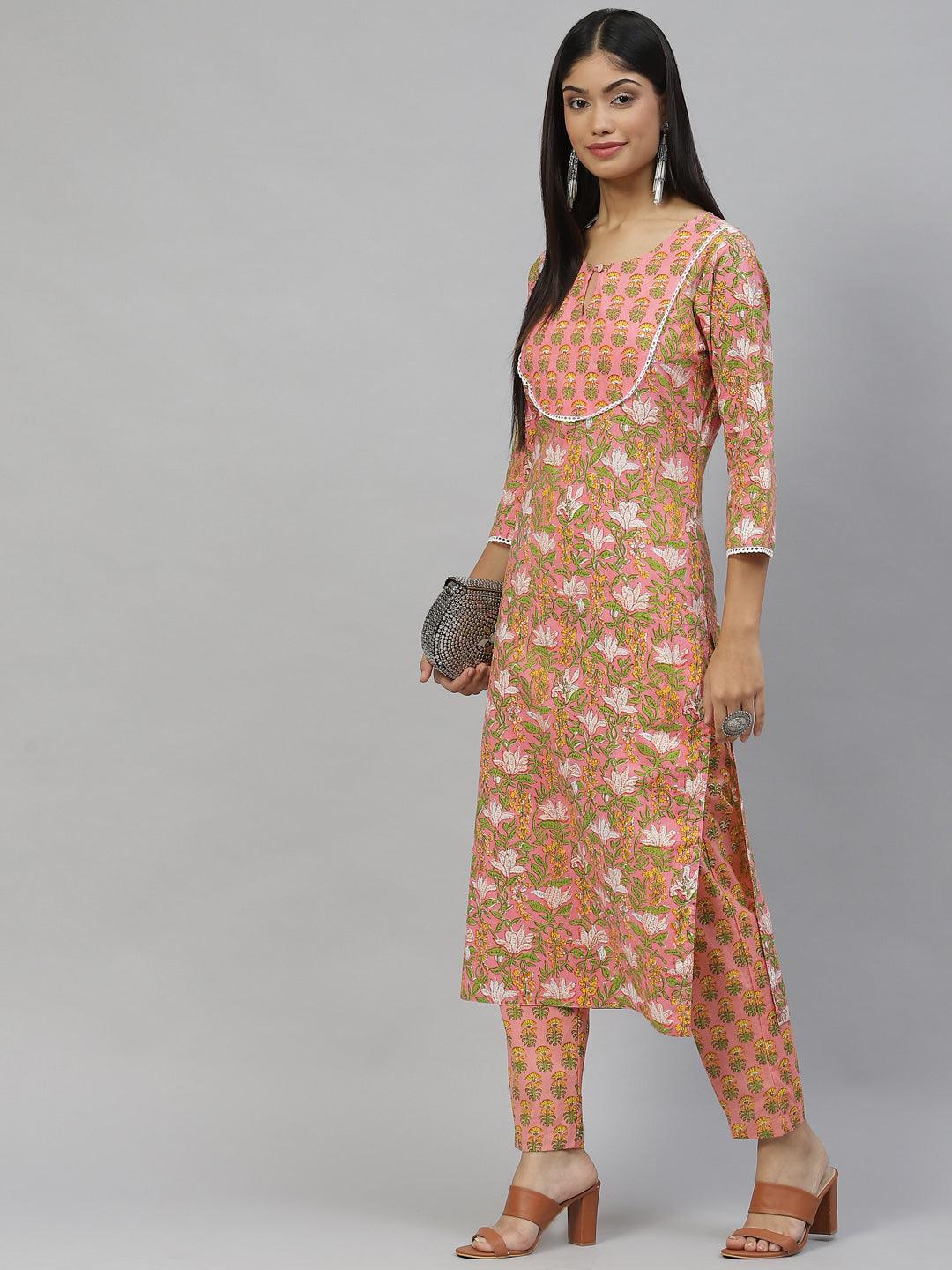 Divena Pink Floral Cotton Kurta Pant Set - divena world-Mohi