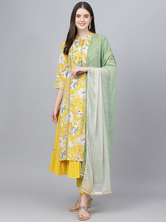 Divena Yellow Cotton Kurta Pant Set with Nazneen Dupatta - divena world-Mohi