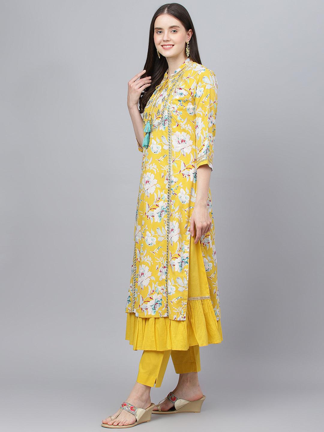 Divena Yellow Cotton Kurta Pant Set with Nazneen Dupatta - divena world-Mohi