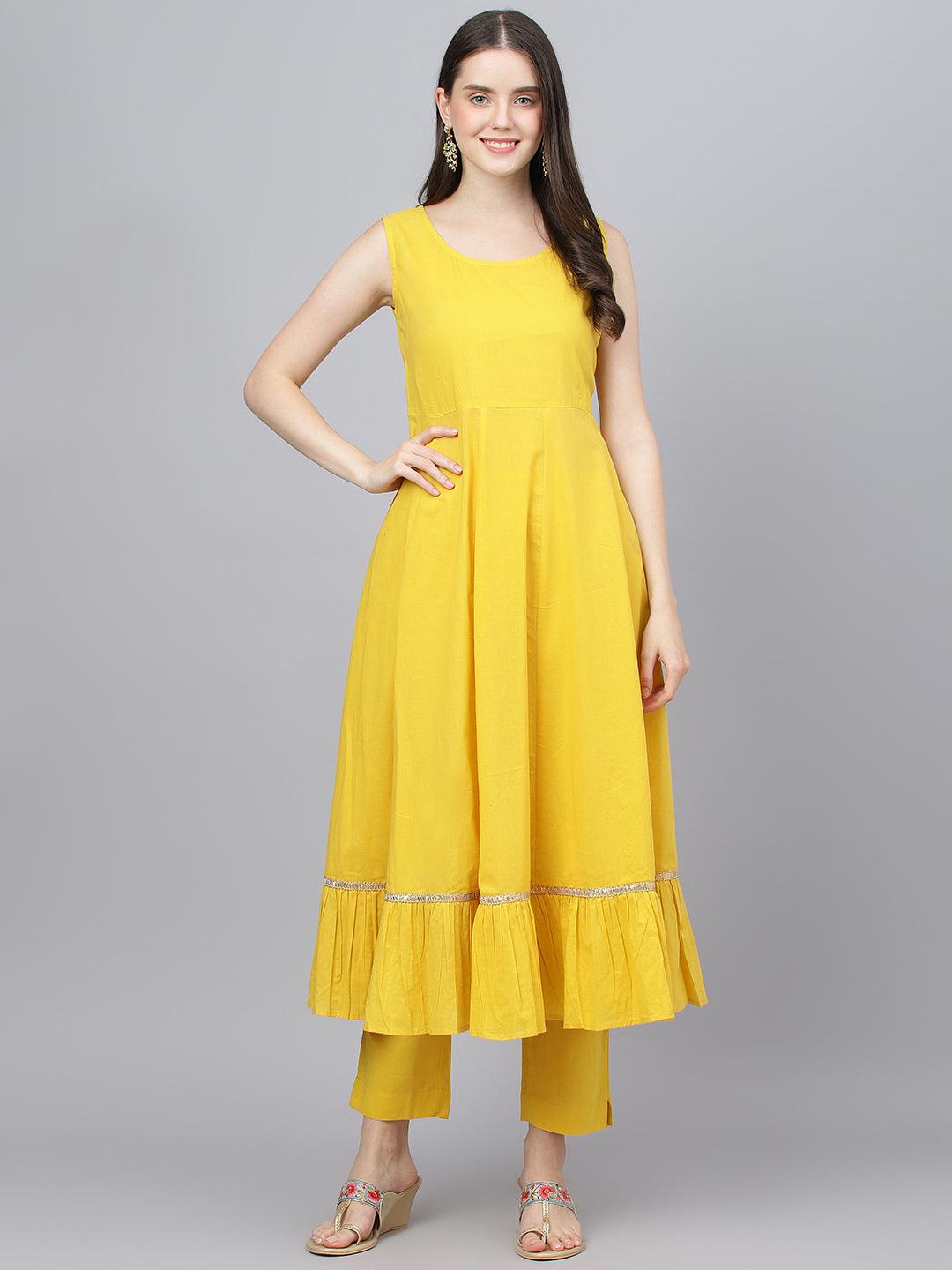 Divena Yellow Cotton Kurta Pant Set with Nazneen Dupatta - divena world-Mohi