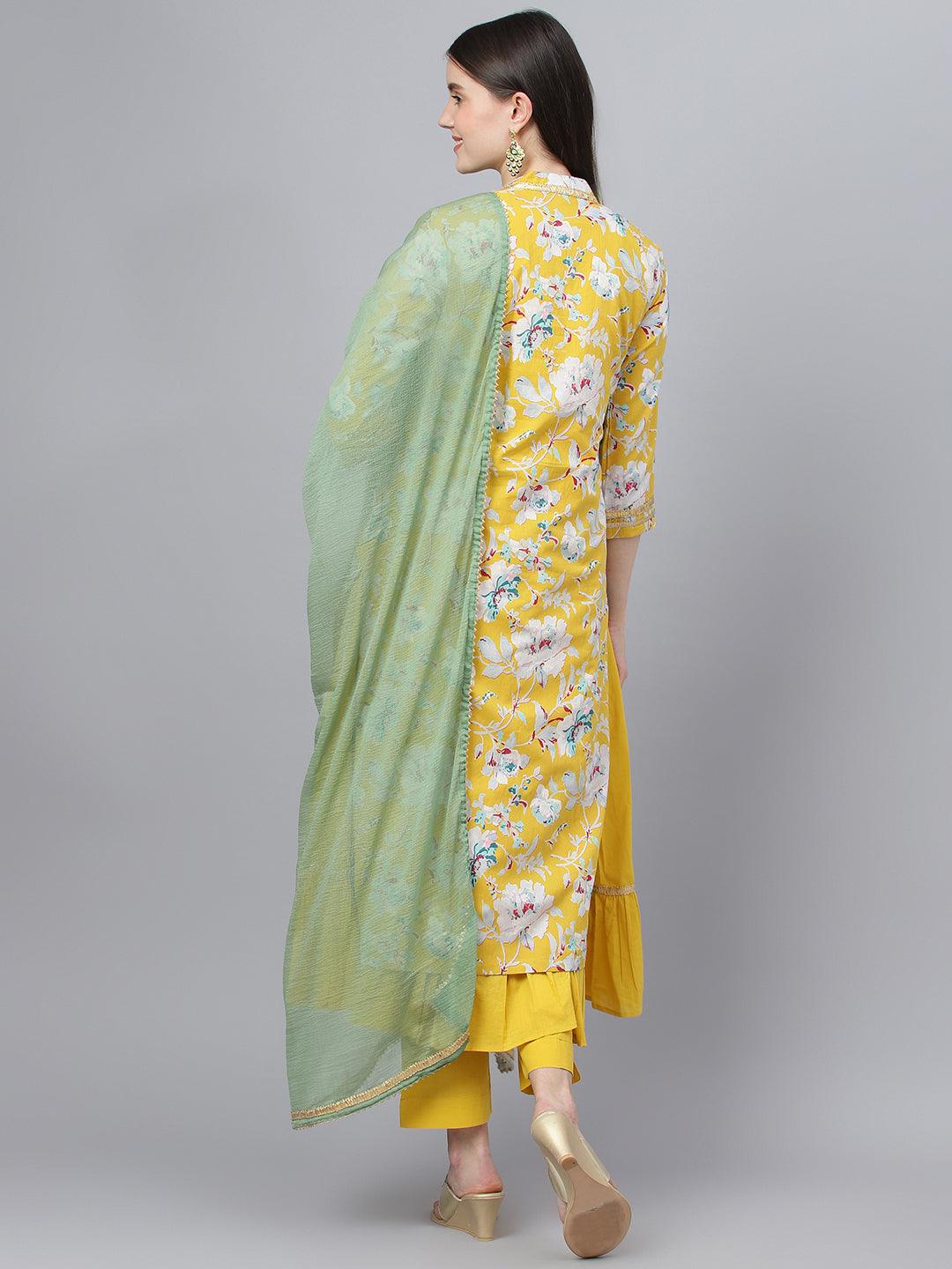 Divena Yellow Cotton Kurta Pant Set with Nazneen Dupatta - divena world-Mohi