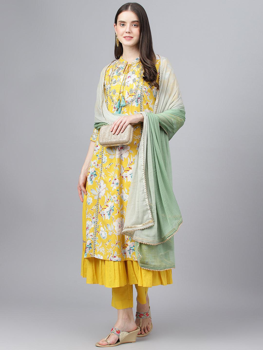 Divena Yellow Cotton Kurta Pant Set with Nazneen Dupatta - divena world-Mohi