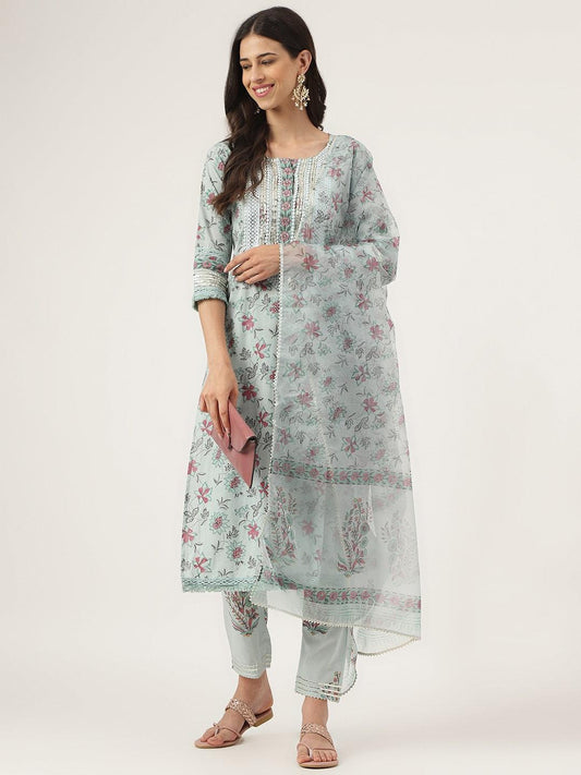 Divena Skyblue Hand Block Cotton Straight pant set with Organza Dupatta - divena world-Mohi