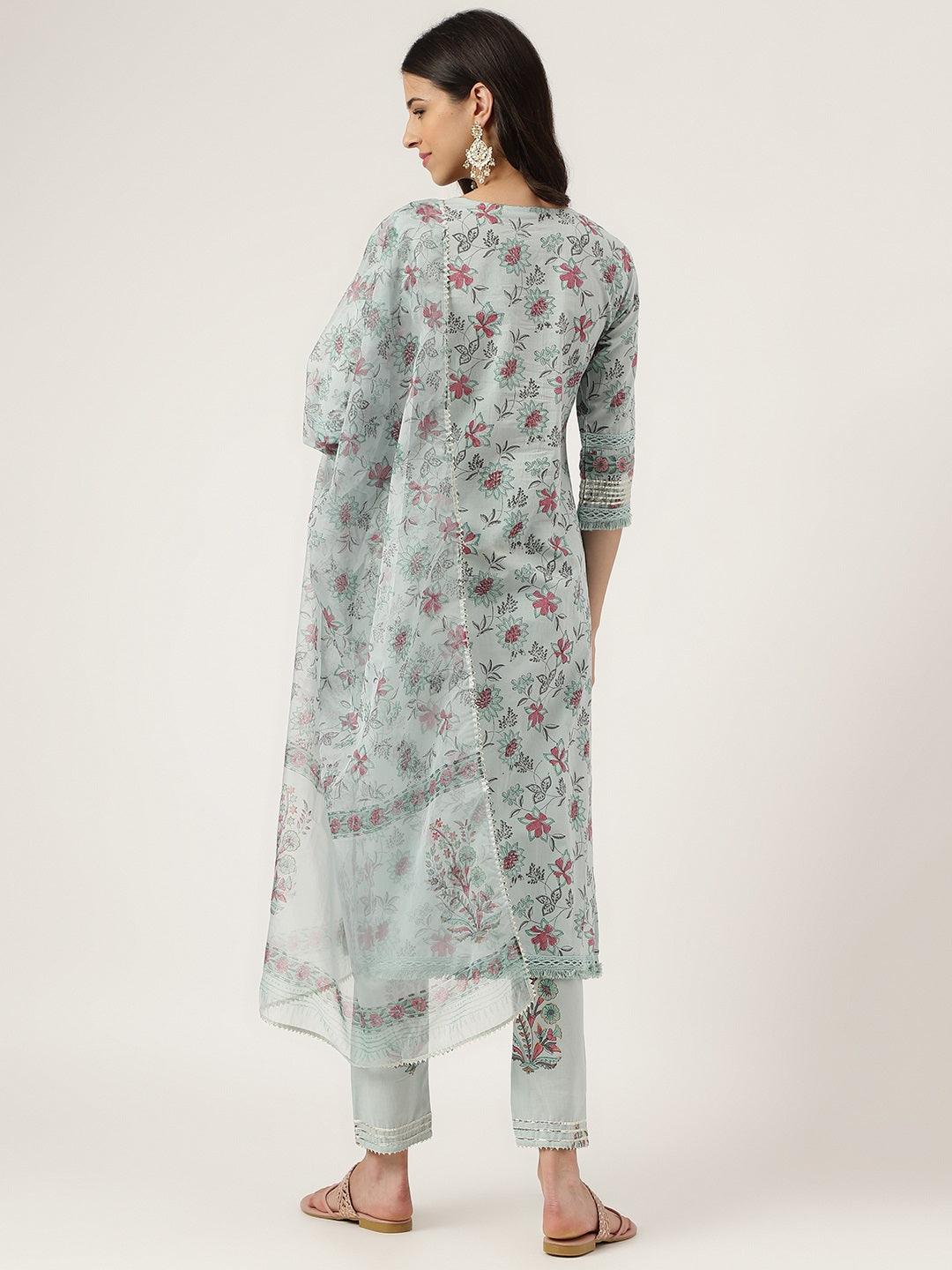 Divena Skyblue Hand Block Cotton Straight pant set with Organza Dupatta - divena world-Mohi