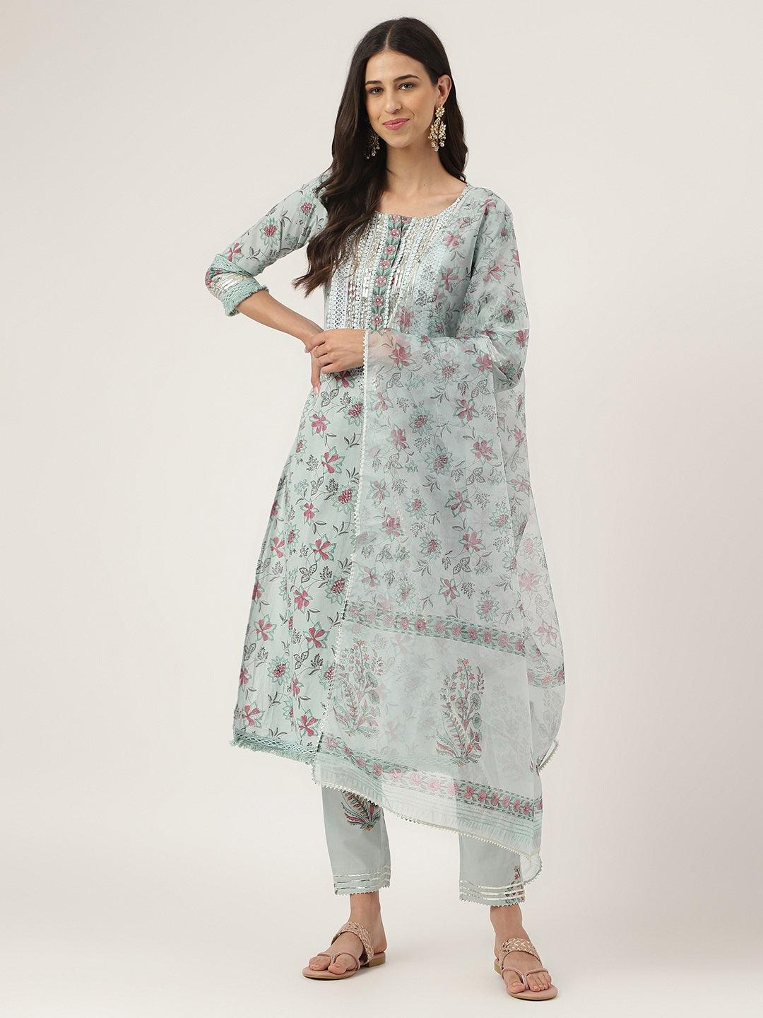 Divena Skyblue Hand Block Cotton Straight pant set with Organza Dupatta - divena world-Mohi