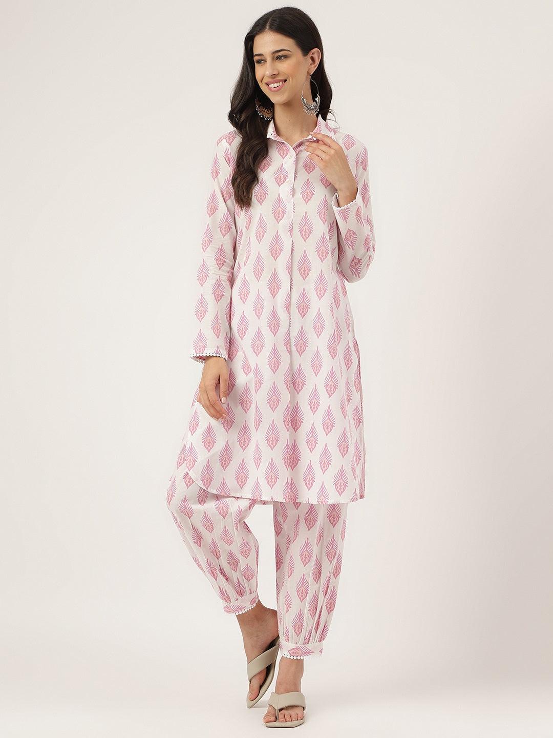 Divena White Cotton Straight Kurta Hem Cuffed Pant set - divena world-Mohi