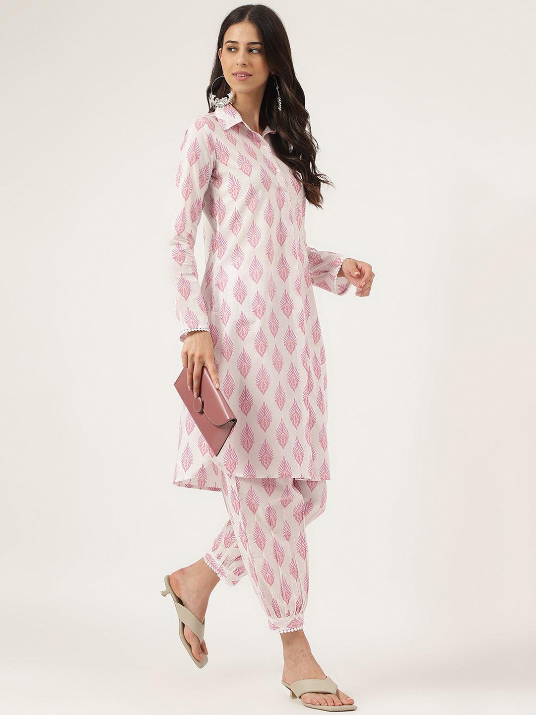 Divena White Cotton Straight Kurta Hem Cuffed Pant set - divena world-Mohi