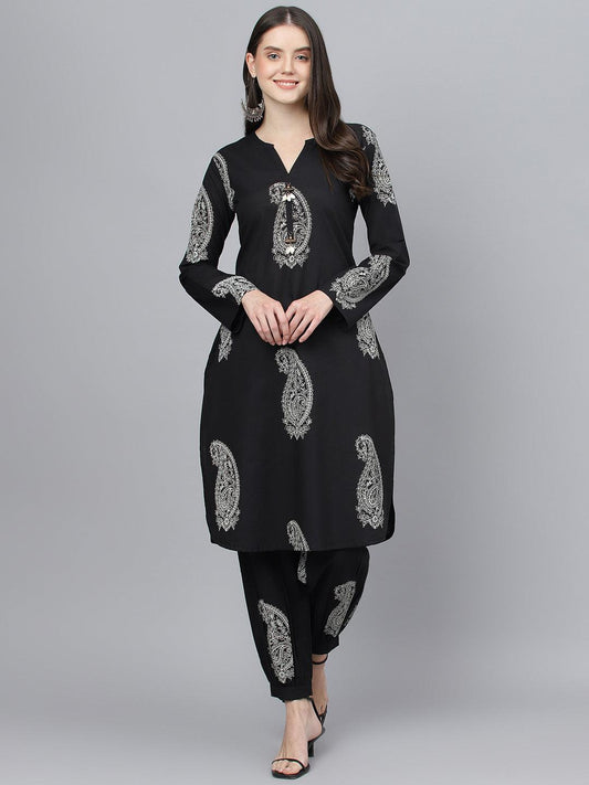 Divena Black Cotton Straight Kurta Hem Cuffed Pant set - divena world-Mohi