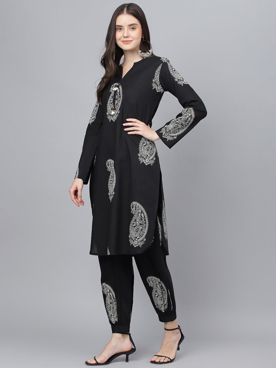 Divena Black Cotton Straight Kurta Hem Cuffed Pant set - divena world-Mohi