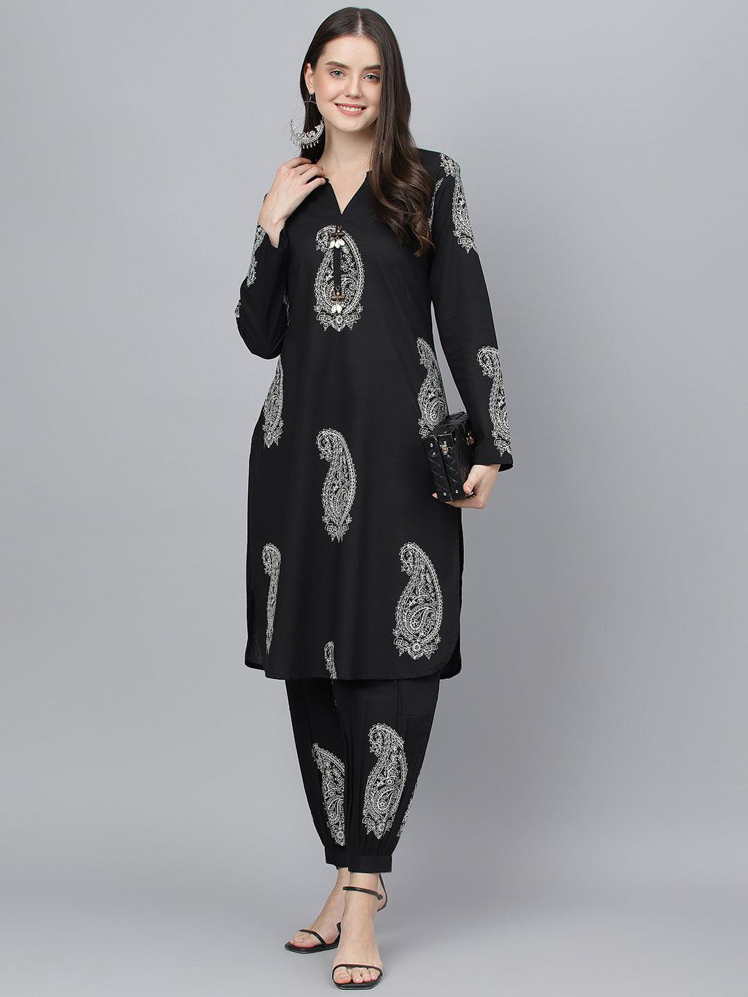 Divena Black Cotton Straight Kurta Hem Cuffed Pant set - divena world-Mohi