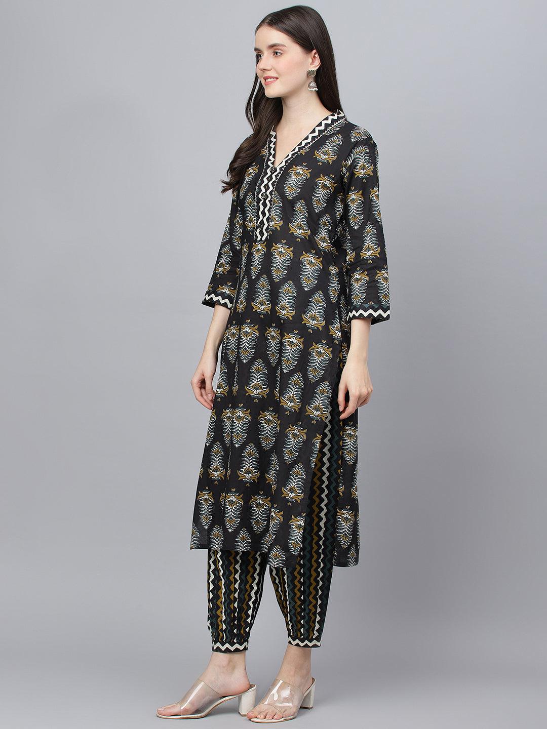 Divena Black Cotton Straight Kurta Hem Cuffed Pant set - divena world-Mohi