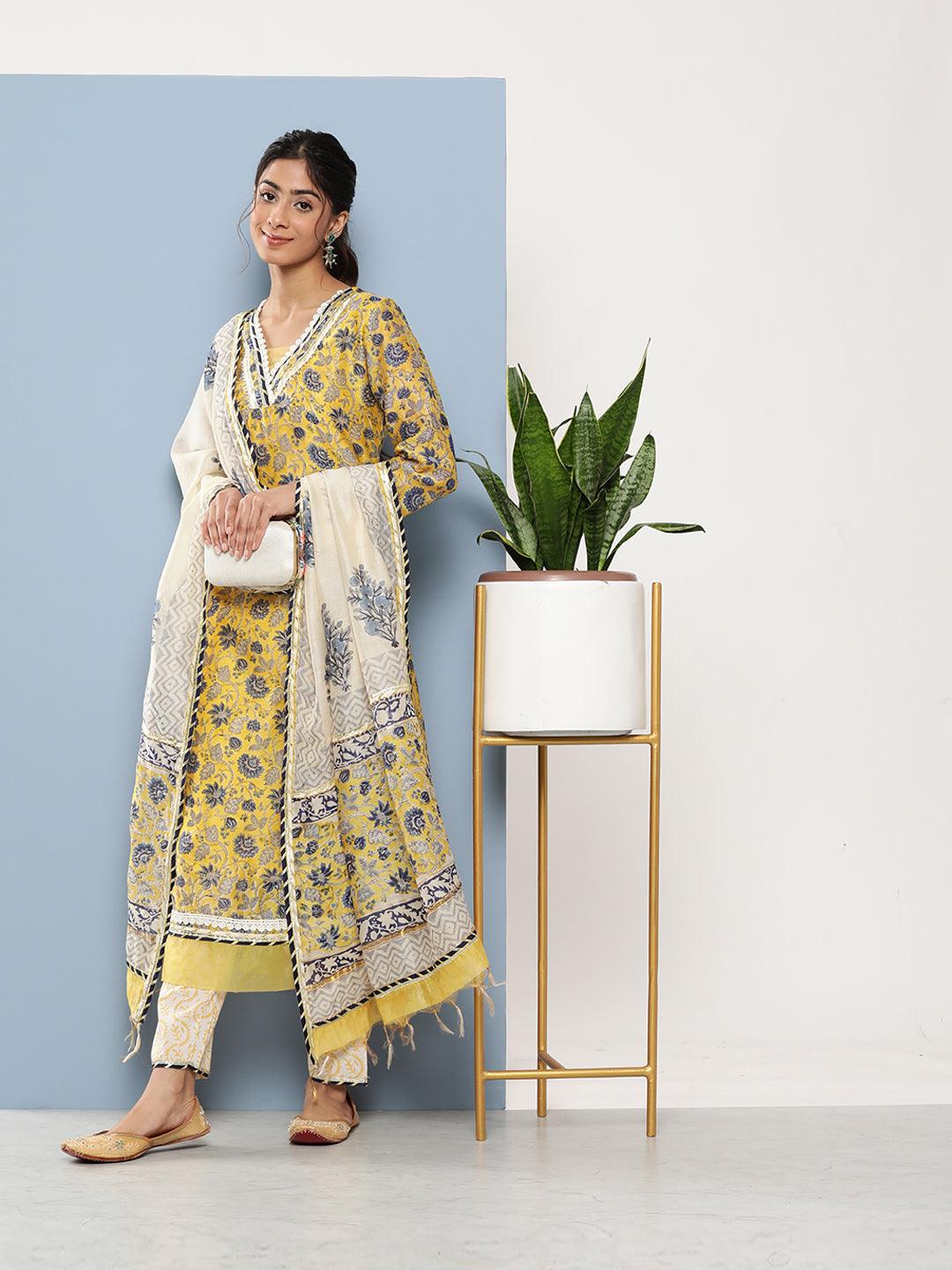 Divena Yellow Pure Chanderi Kurta Pant Set with Dupatta - divena world-Mohi