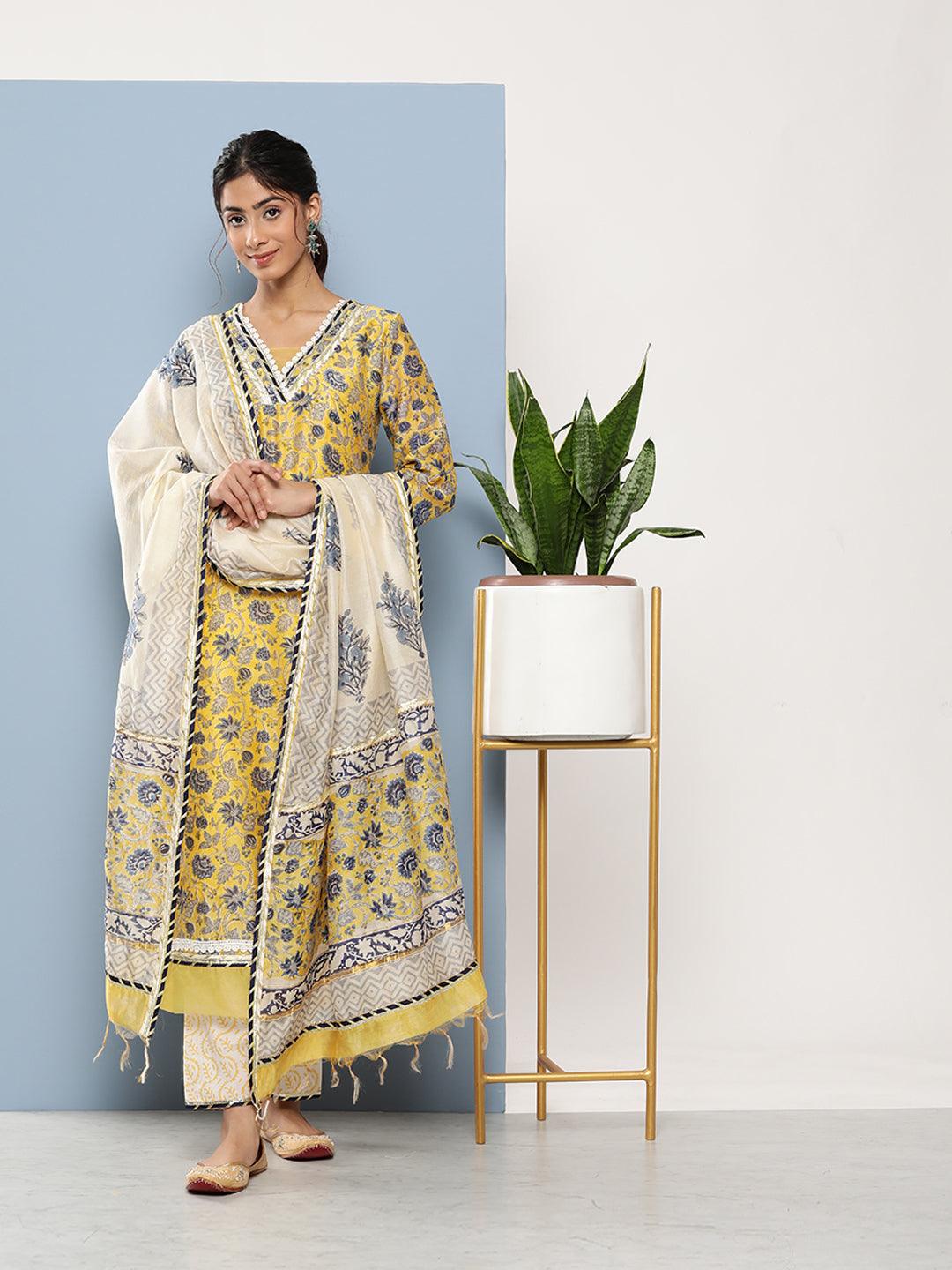 Divena Yellow Pure Chanderi Kurta Pant Set with Dupatta - divena world-Mohi