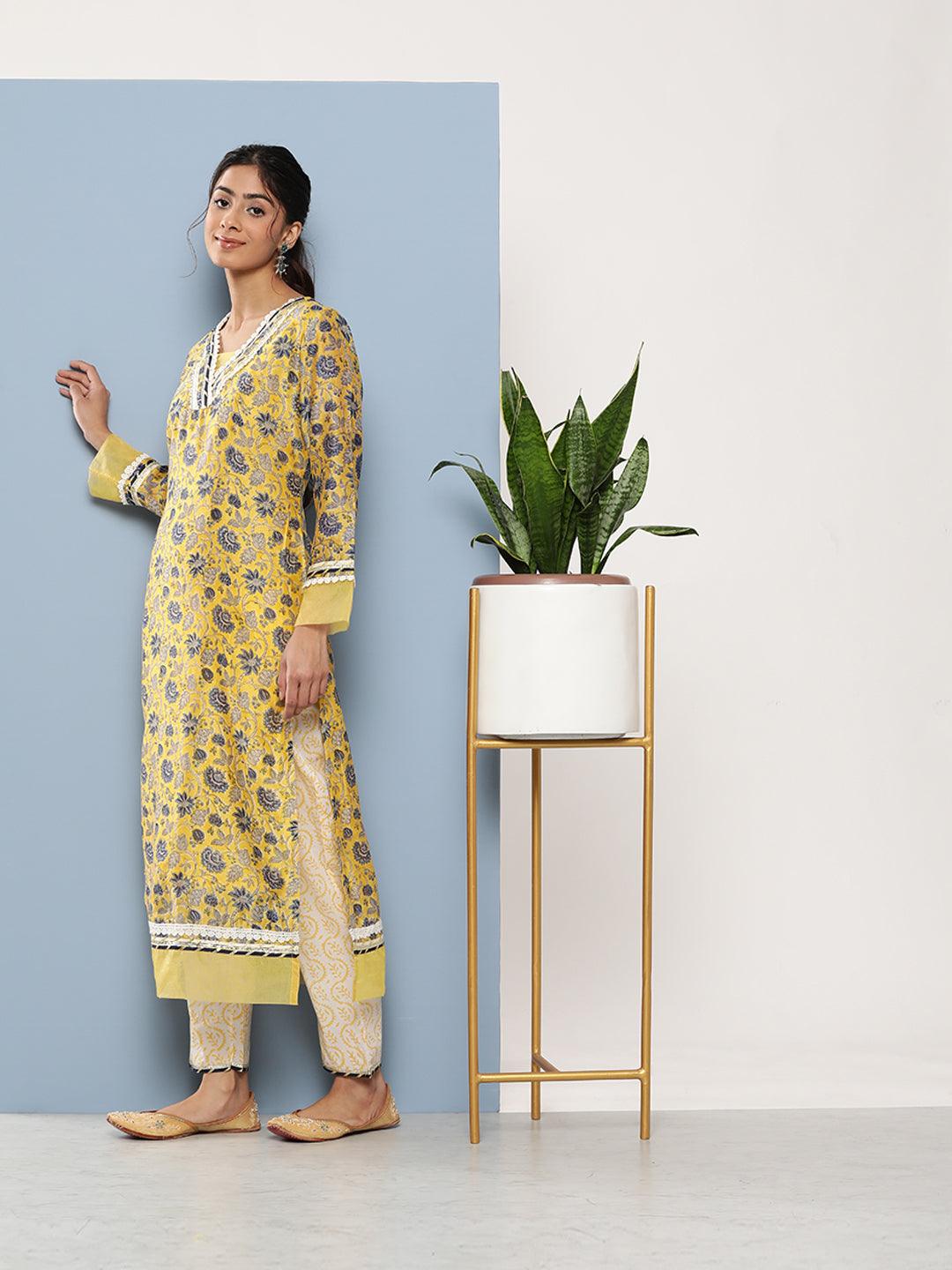 Divena Yellow Pure Chanderi Kurta Pant Set with Dupatta - divena world-Mohi