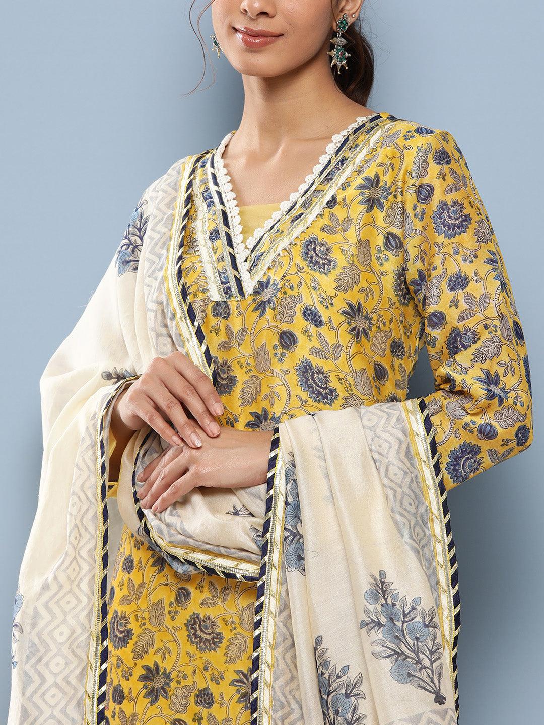 Divena Yellow Pure Chanderi Kurta Pant Set with Dupatta - divena world-Mohi