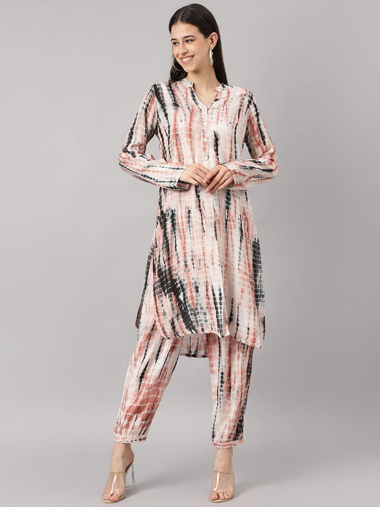 Divena Cream Muslin Tie and Dye Kurta with Ham Cuffed Pant Set - divena world-Mohi