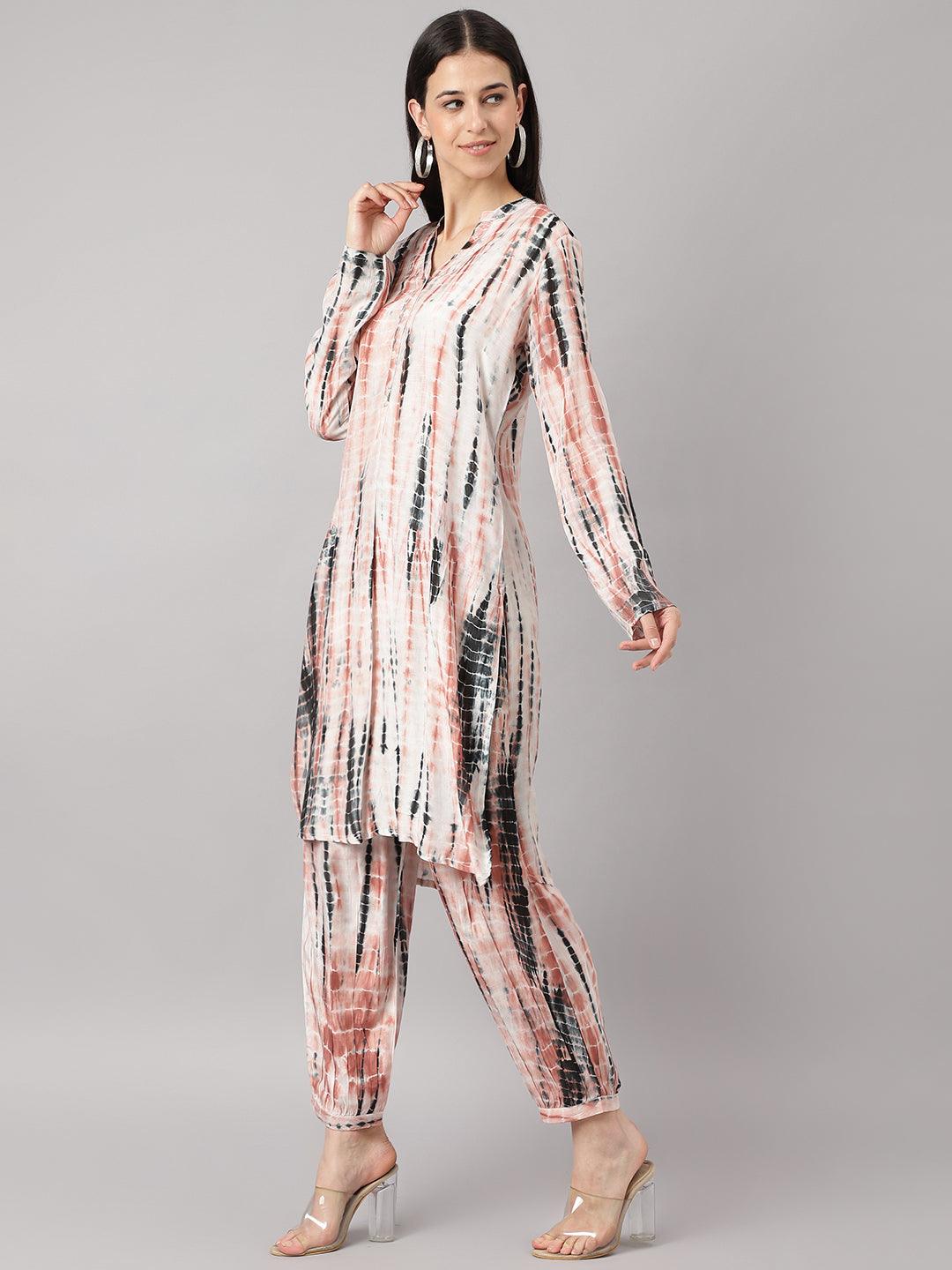 Divena Cream Muslin Tie and Dye Kurta with Ham Cuffed Pant Set - divena world-Mohi