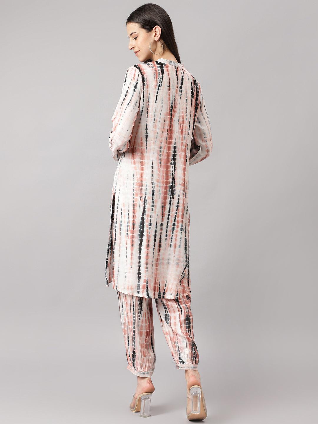 Divena Cream Muslin Tie and Dye Kurta with Ham Cuffed Pant Set - divena world-Mohi