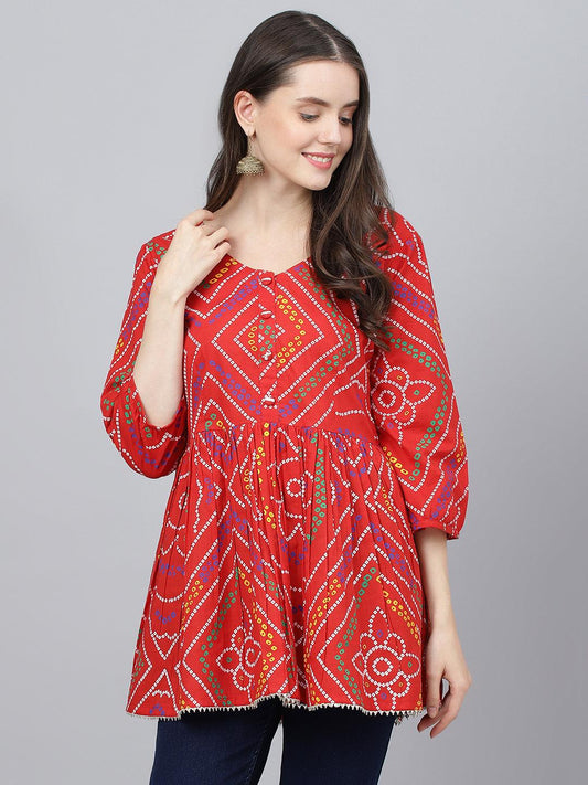 Divena Red Bandhani Printed Cotton Peplum Top - divena world-Mohi