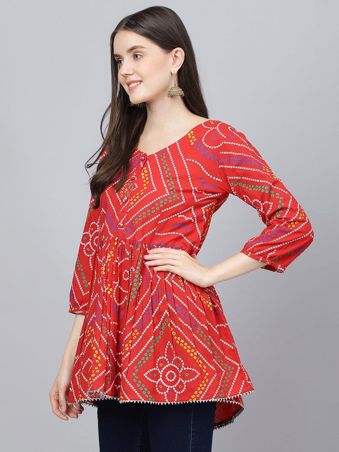 Divena Red Bandhani Printed Cotton Peplum Top - divena world-Mohi