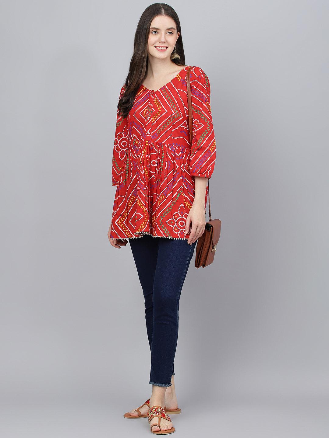 Divena Red Bandhani Printed Cotton Peplum Top - divena world-Mohi