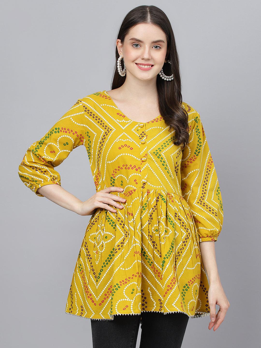 Divena Mustard Bandhani Printed Cotton Peplum Top - divena world-Mohi