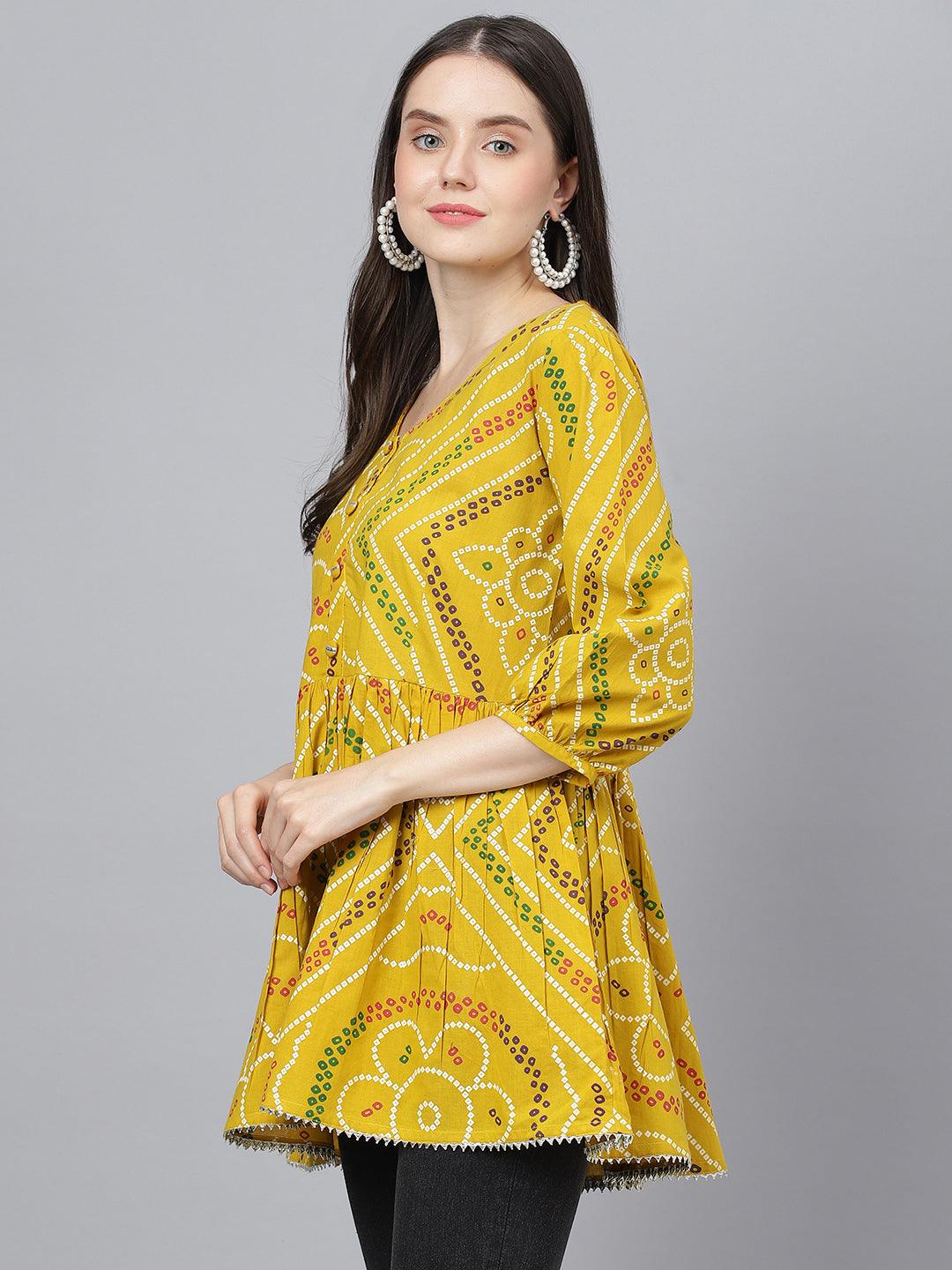 Divena Mustard Bandhani Printed Cotton Peplum Top - divena world-Mohi