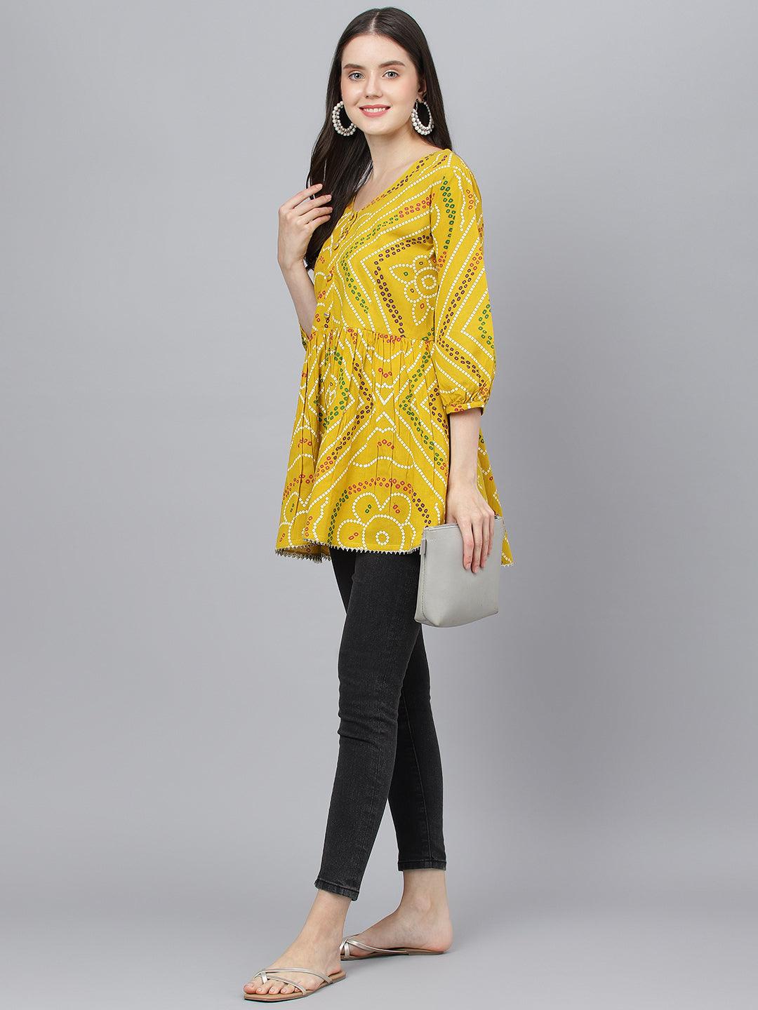 Divena Mustard Bandhani Printed Cotton Peplum Top - divena world-Mohi