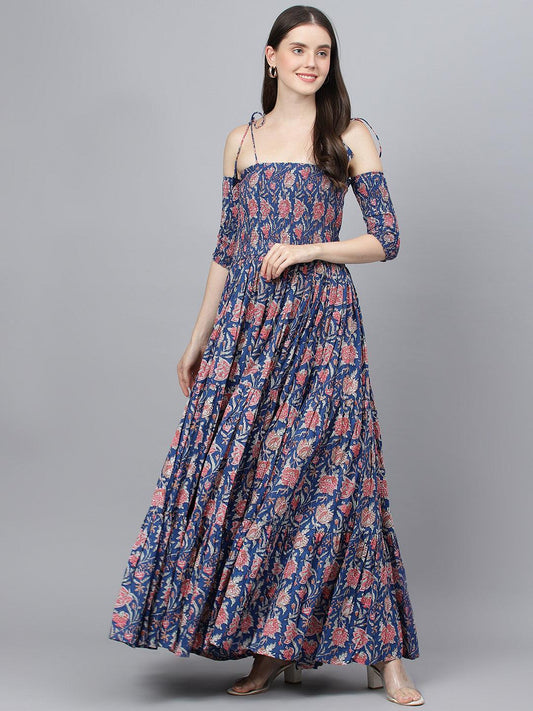 Divena Blue Floral Printed Shoulder Strips Flared Long Dress - divena world-Mohi