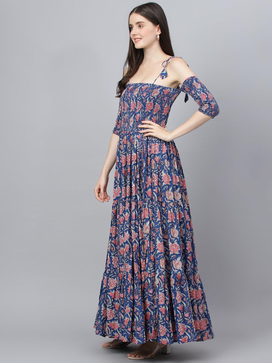 Divena Blue Floral Printed Shoulder Strips Flared Long Dress - divena world-Mohi