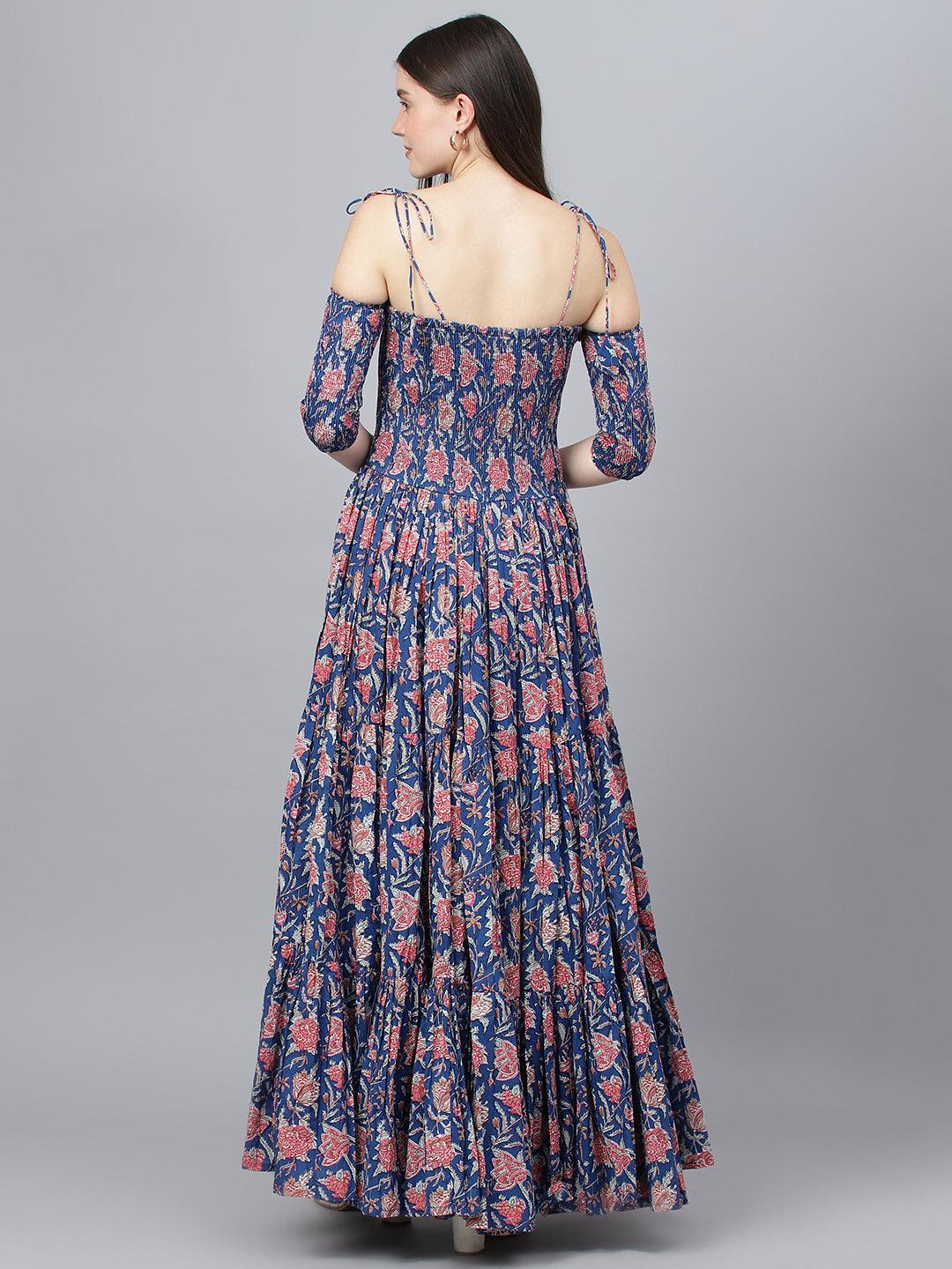 Divena Blue Floral Printed Shoulder Strips Flared Long Dress - divena world-Mohi