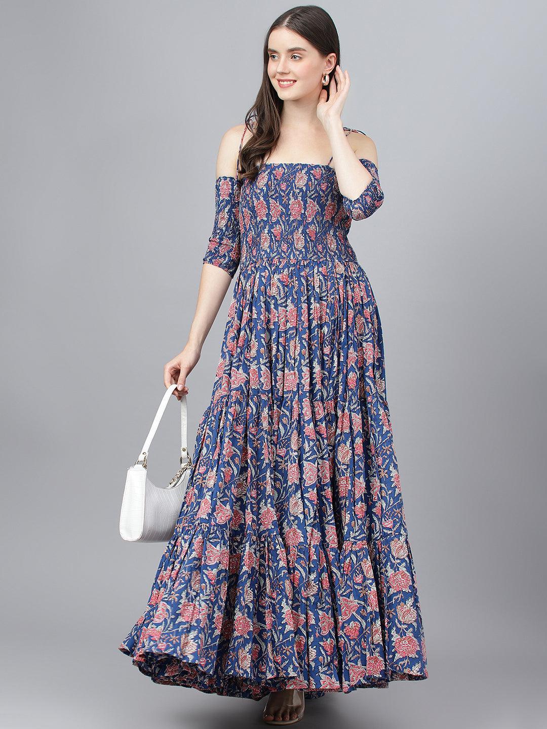 Divena Blue Floral Printed Shoulder Strips Flared Long Dress - divena world-Mohi