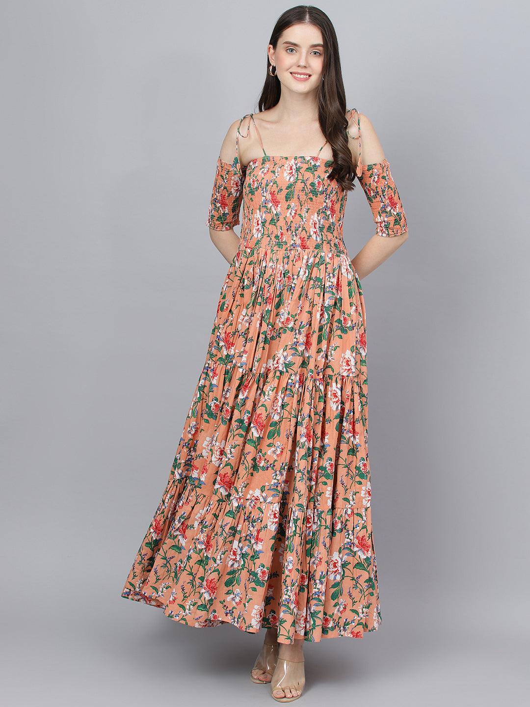 Divena Peach Floral Printed Shoulder Strips Flared Long Dress - divena world-Mohi