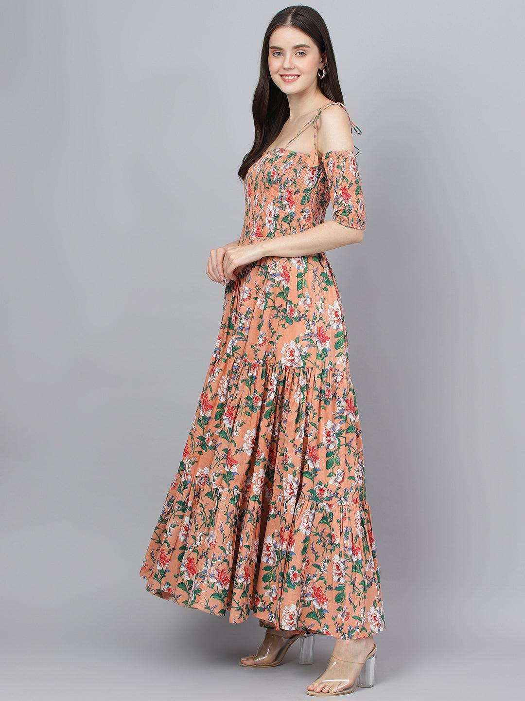 Divena Peach Floral Printed Shoulder Strips Flared Long Dress - divena world-Mohi