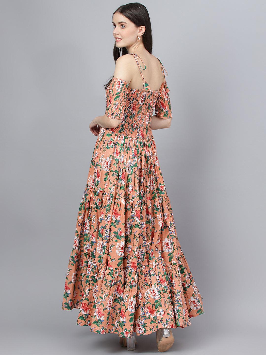 Divena Peach Floral Printed Shoulder Strips Flared Long Dress - divena world-Mohi