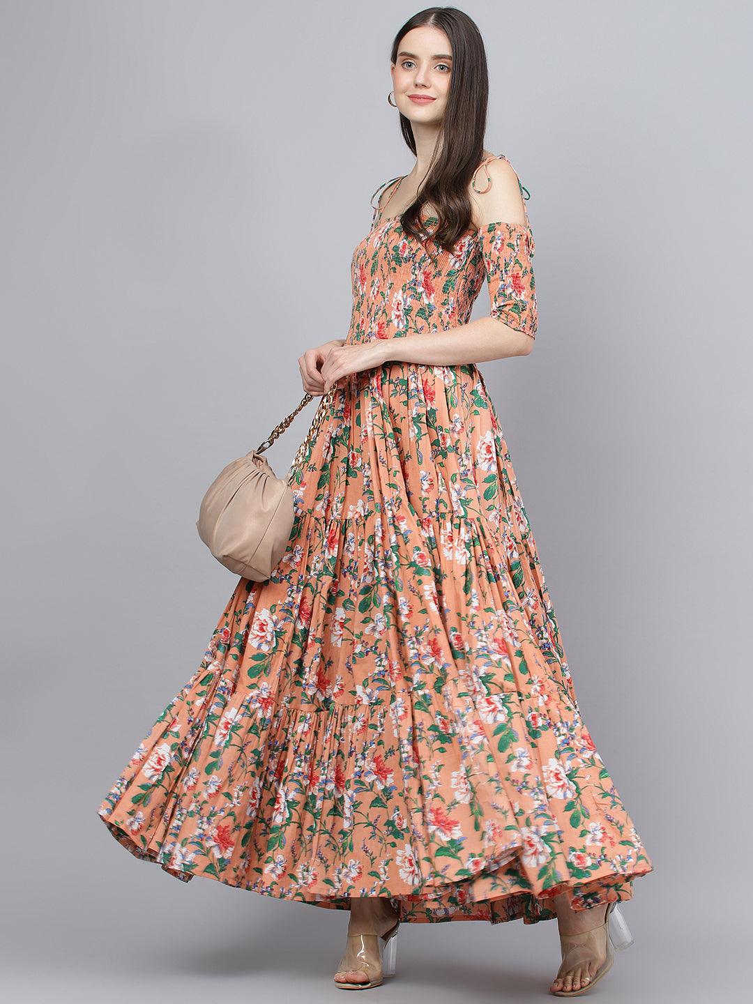 Divena Peach Floral Printed Shoulder Strips Flared Long Dress - divena world-Mohi