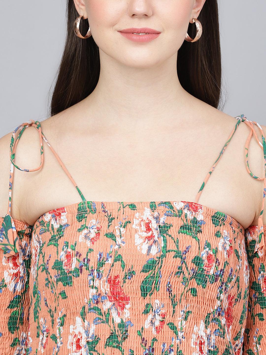 Divena Peach Floral Printed Shoulder Strips Flared Long Dress - divena world-Mohi