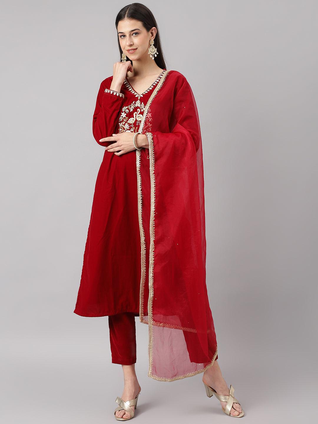 Divena Maroon Solid Valvet hand work Kurta pant With Organza Dupatta set - divena world-Mohi