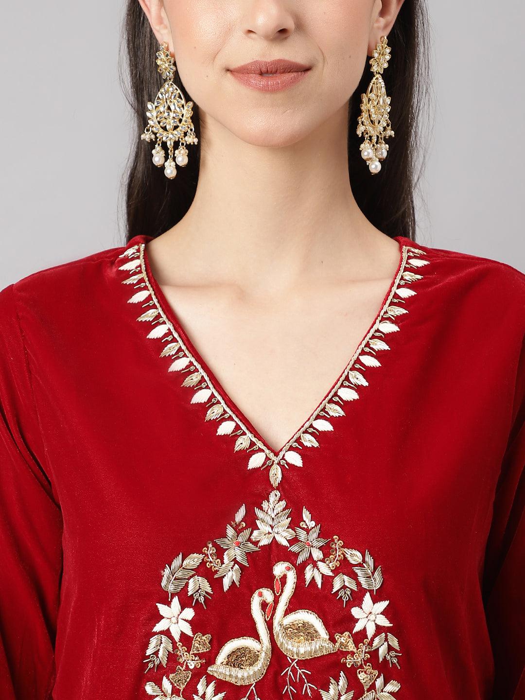 Divena Maroon Solid Valvet hand work Kurta pant With Organza Dupatta set - divena world-Mohi