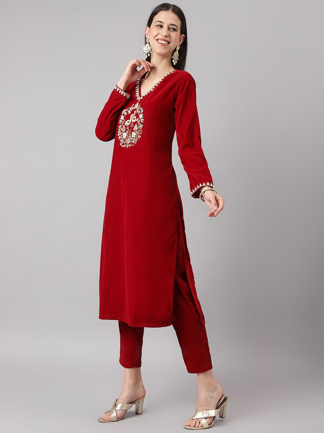 Divena Maroon Solid Valvet hand work Kurta pant With Organza Dupatta set - divena world-Mohi