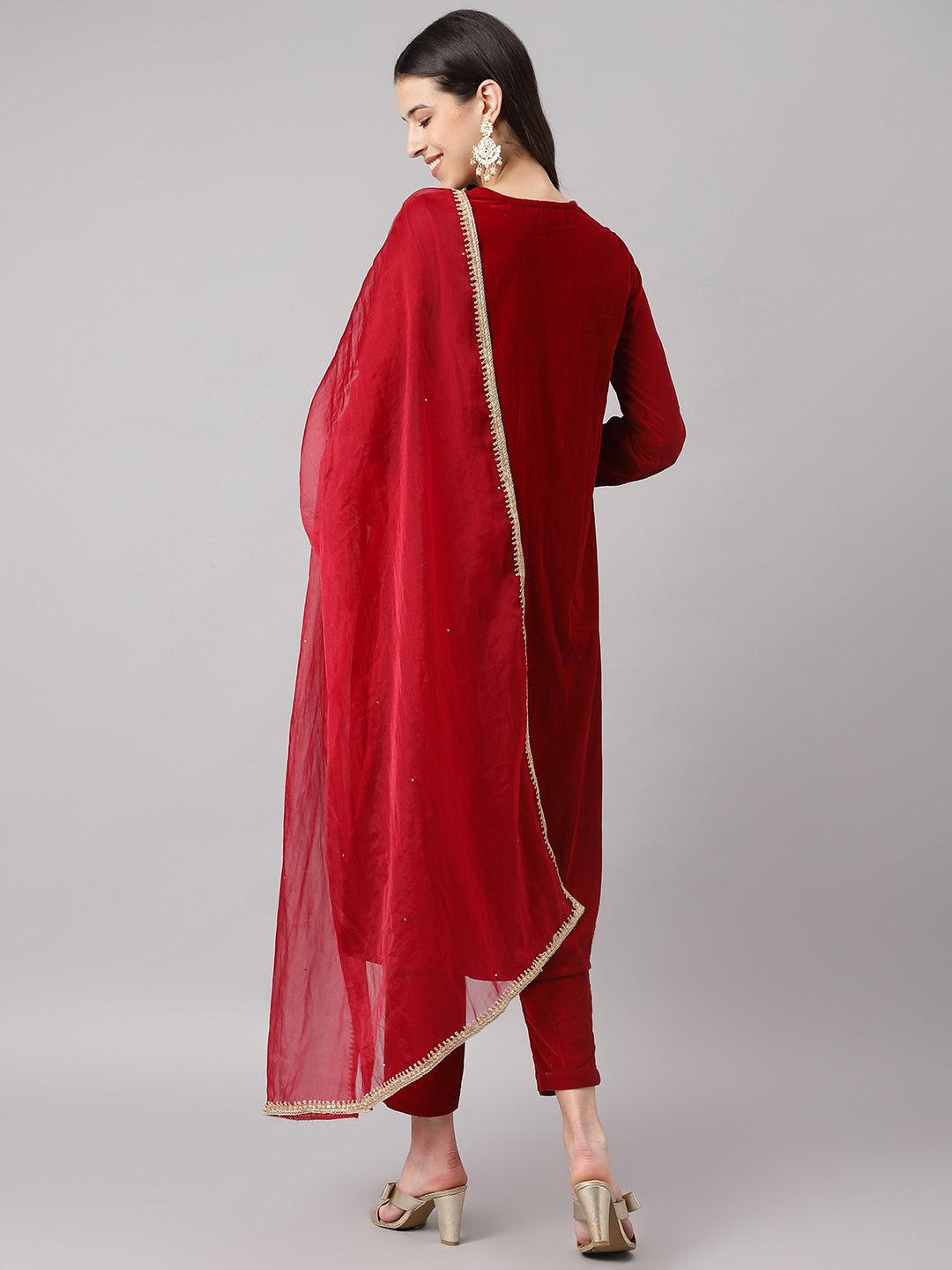 Divena Maroon Solid Valvet hand work Kurta pant With Organza Dupatta set - divena world-Mohi