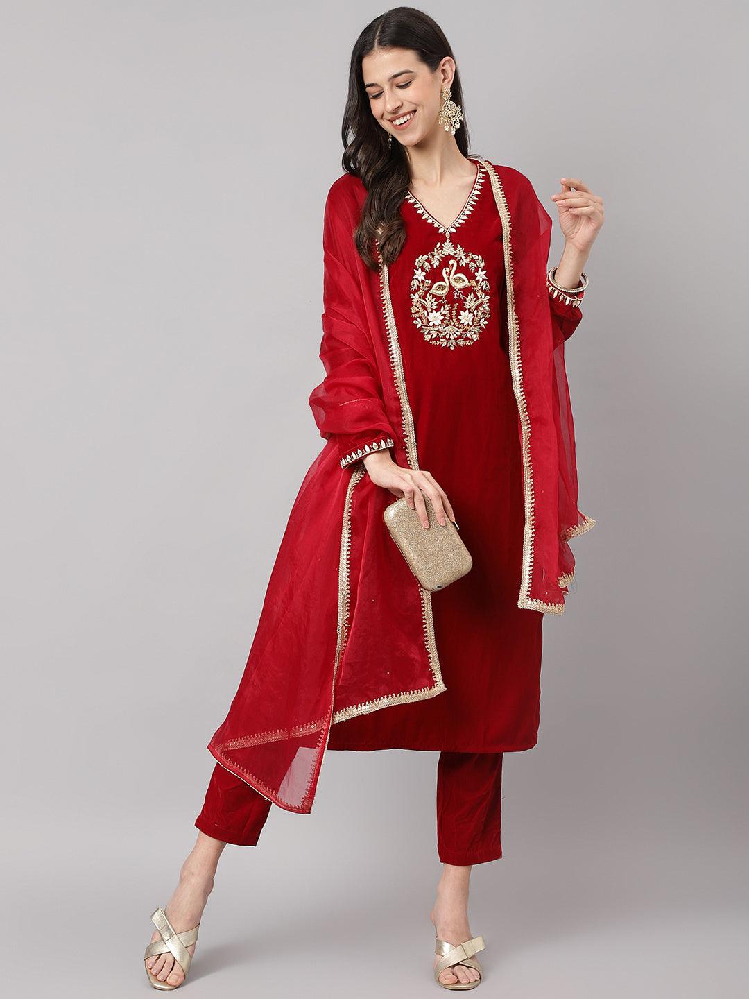 Divena Maroon Solid Valvet hand work Kurta pant With Organza Dupatta set - divena world-Mohi