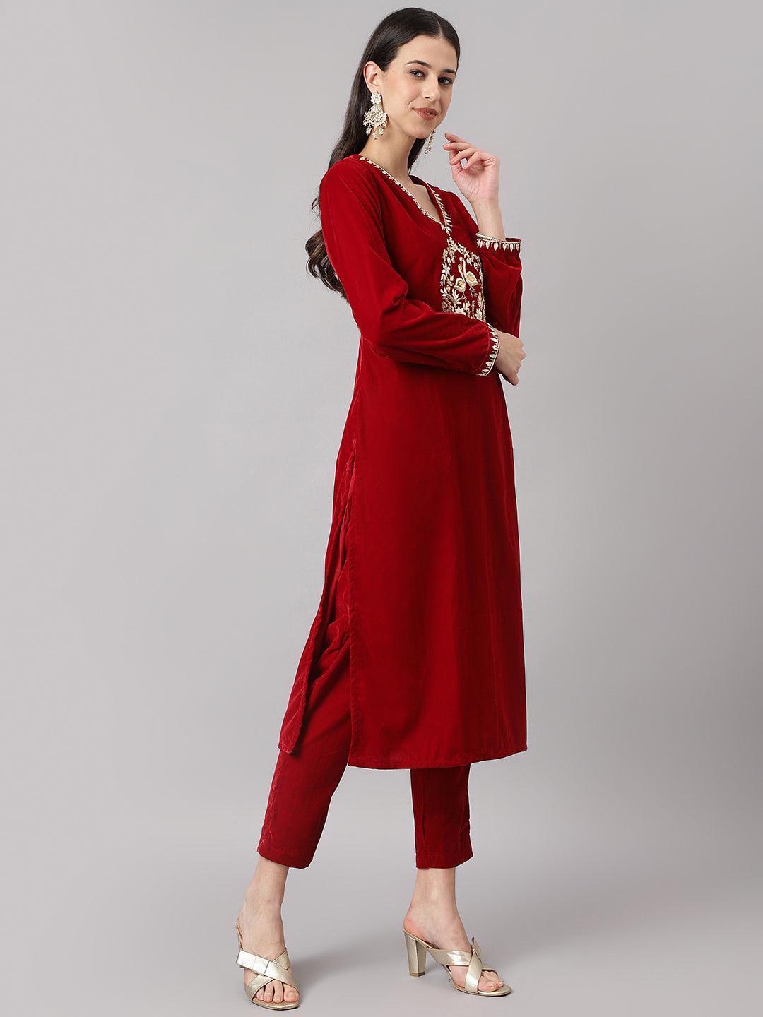 Divena Maroon Solid Valvet hand work Kurta pant With Organza Dupatta set - divena world-Mohi