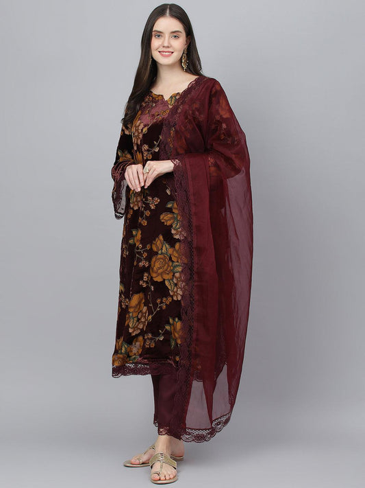 Divena Wine Floral Burn Out Velvet Kurta pant With Organza Dupatta set - divena world-Mohi