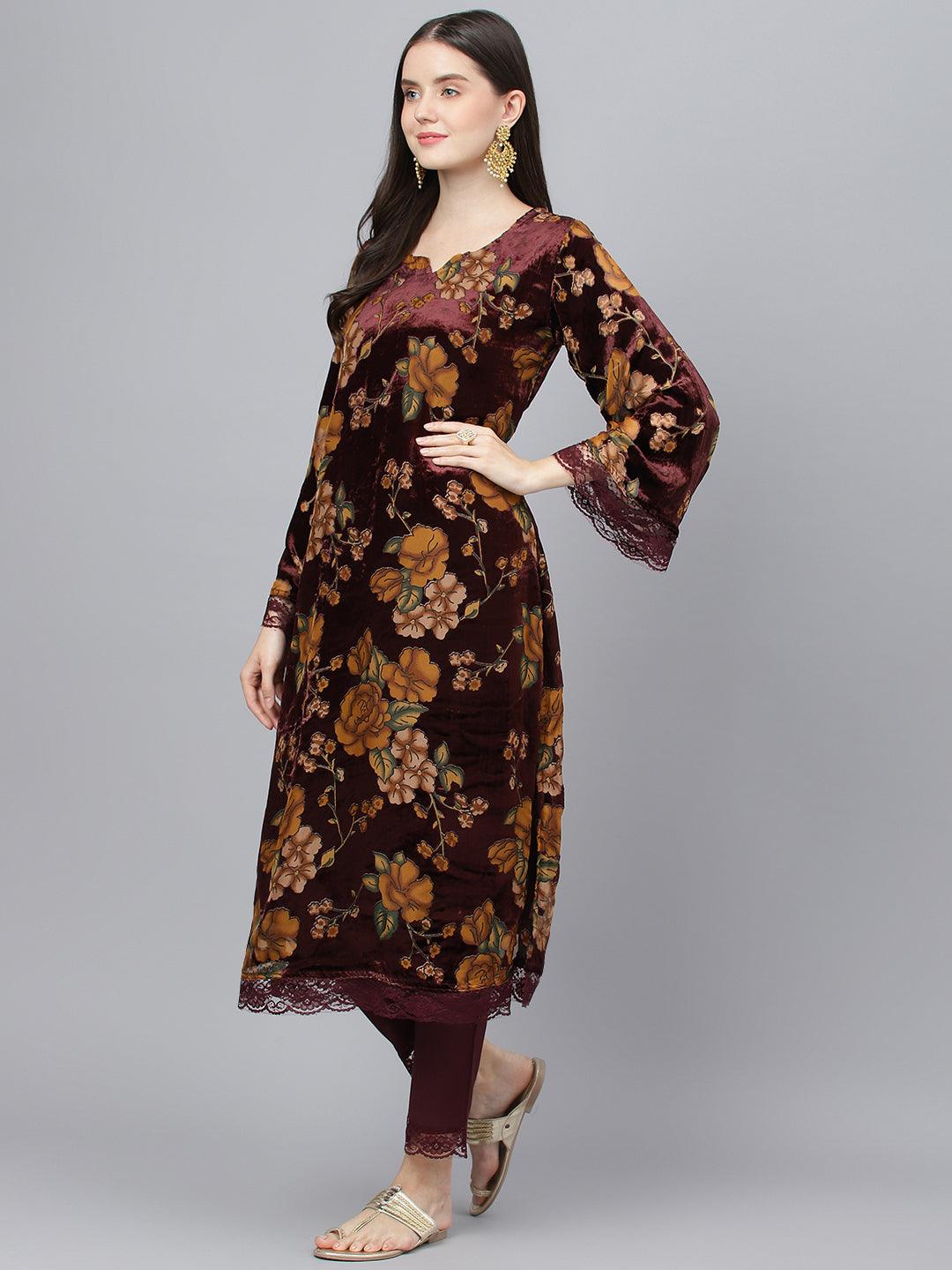 Divena Wine Floral Burn Out Velvet Kurta pant With Organza Dupatta set - divena world-Mohi