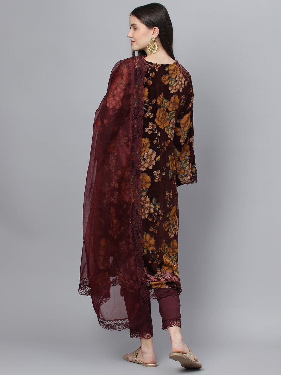 Divena Wine Floral Burn Out Velvet Kurta pant With Organza Dupatta set - divena world-Mohi