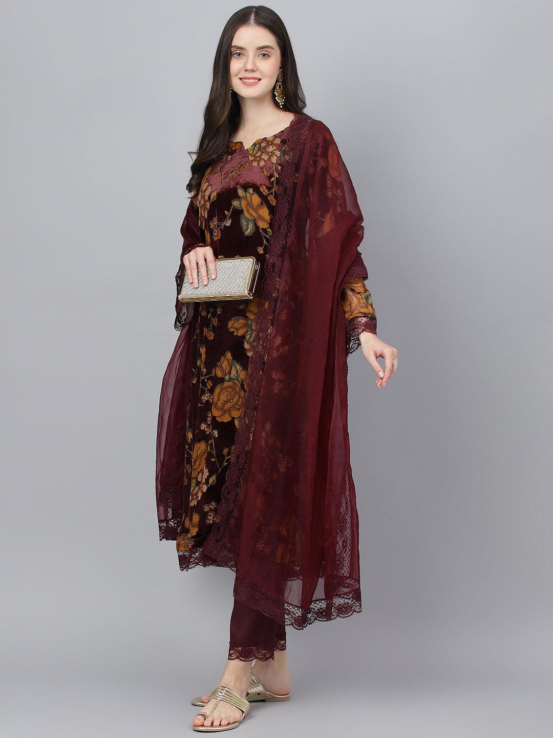 Divena Wine Floral Burn Out Velvet Kurta pant With Organza Dupatta set - divena world-Mohi