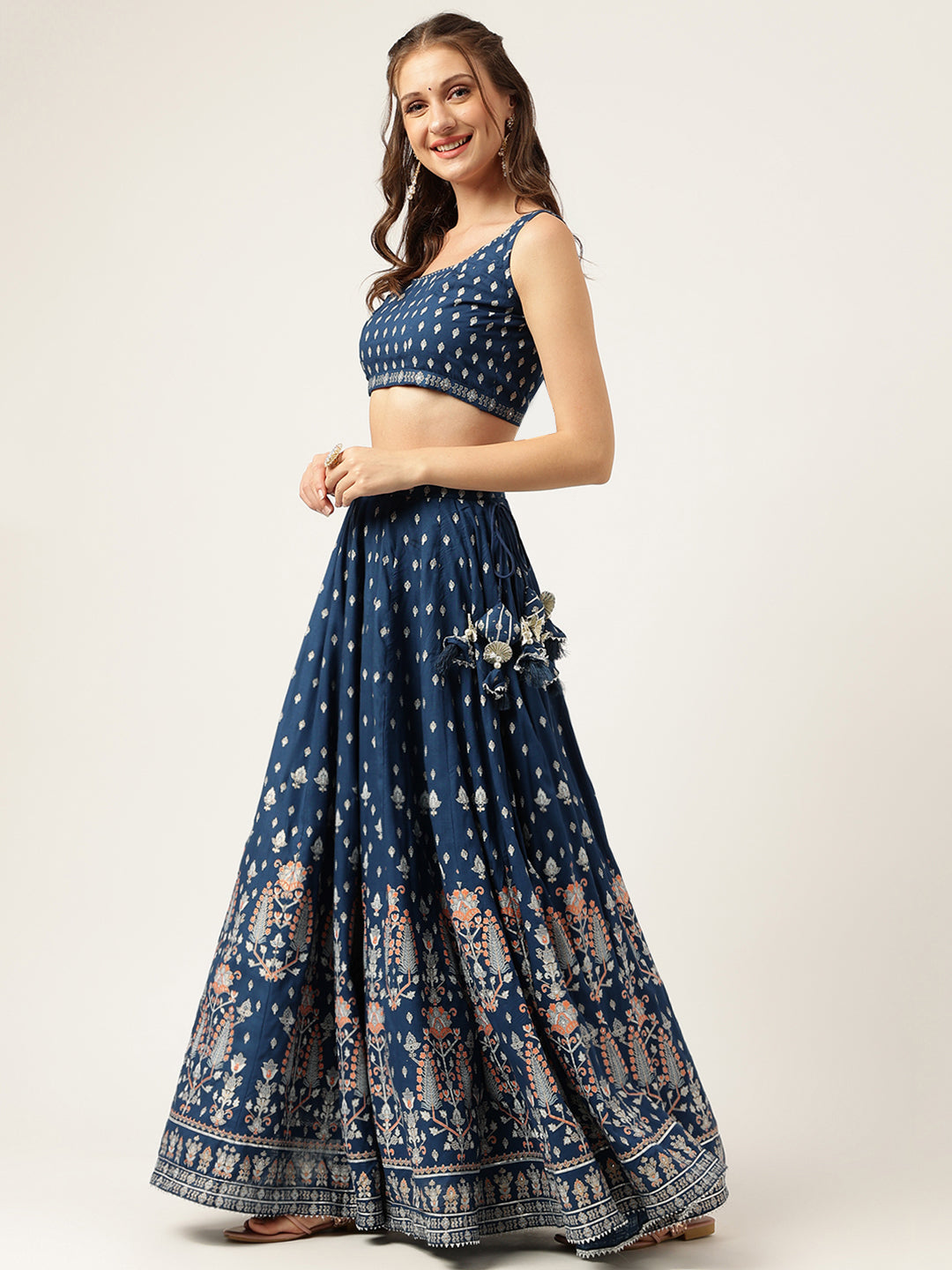 Blue Rayon Flared Lehenga Choli Set with Organza Dupatta