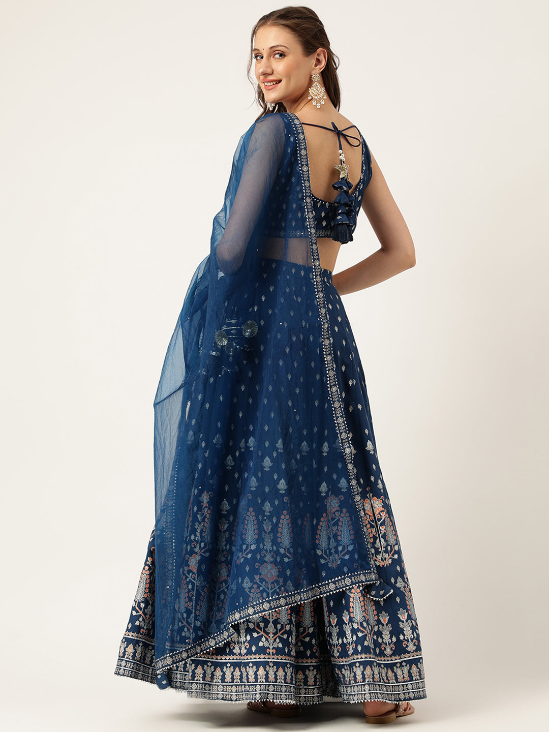 Blue Rayon Flared Lehenga Choli Set with Organza Dupatta